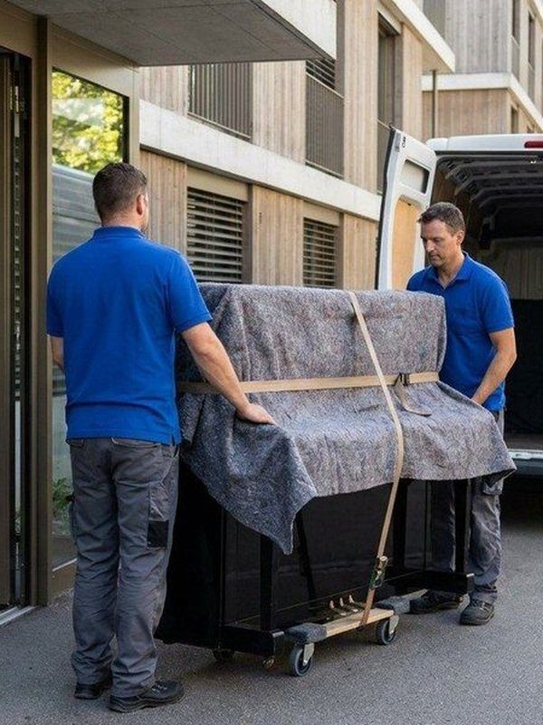 Zwei Mitarbeiter tragen ein in Decken verpacktes Klavier zum Umzugswagen